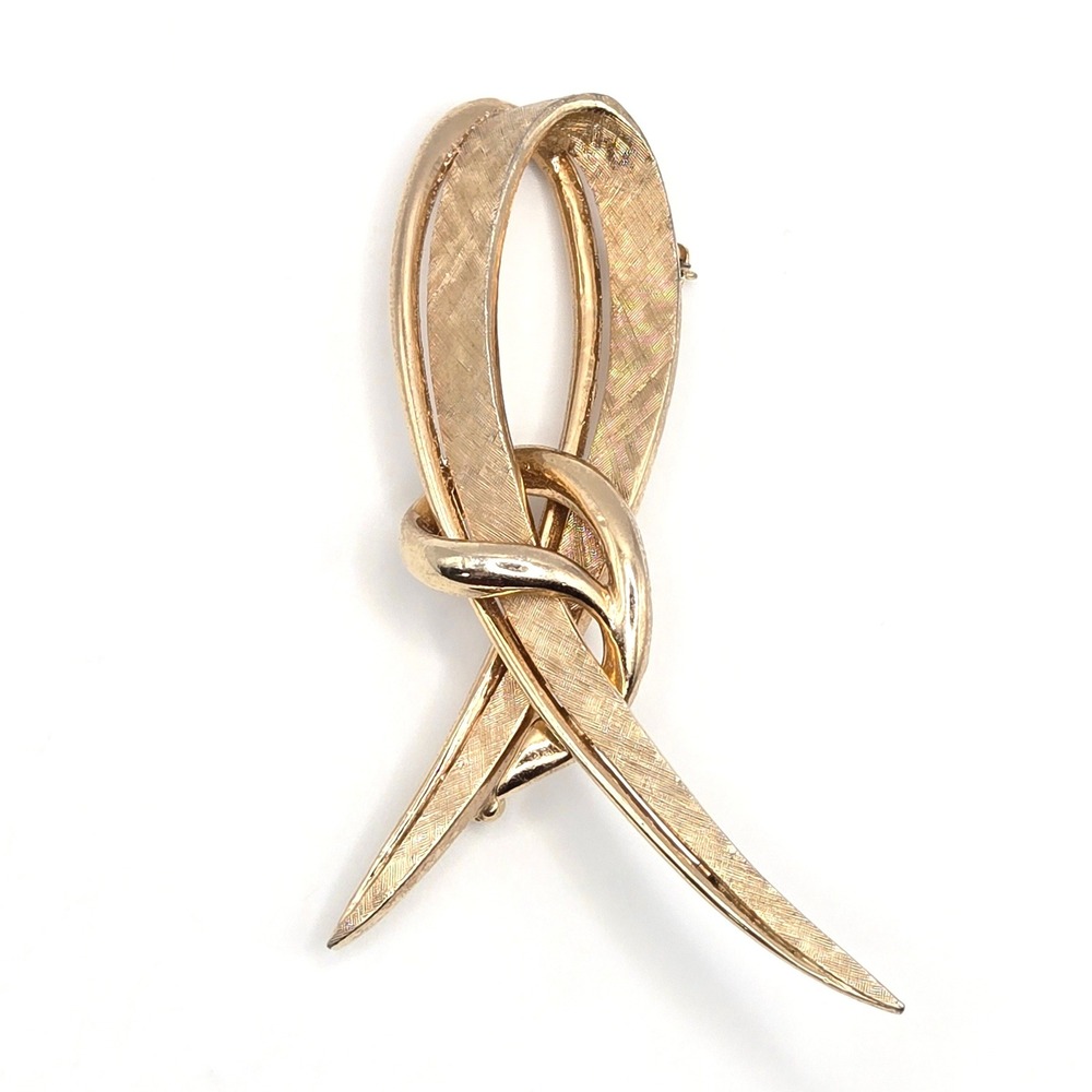 Marcel Boucher Signed Vintage Gold Tone Textured Ribbon‎ Loop Knot Brooch Pin